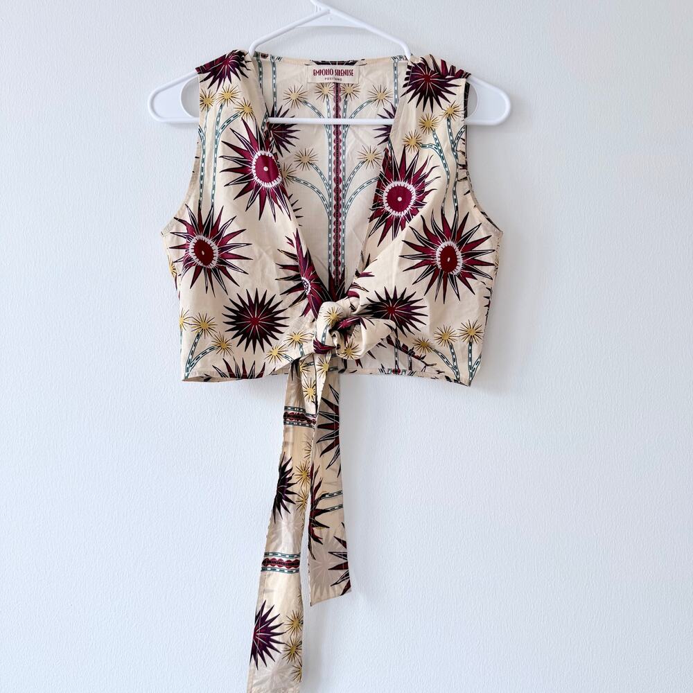 Emporio Sirenuse Tie-Front Crop Top Cream Burgundy Floral Size XS